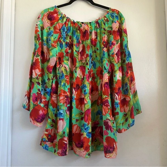 Floral & Ivy Vibrant Floral Lightweight Stretchy Ruffled 3/4 Sleeve Blouse Sz L - Picture 5 of 8